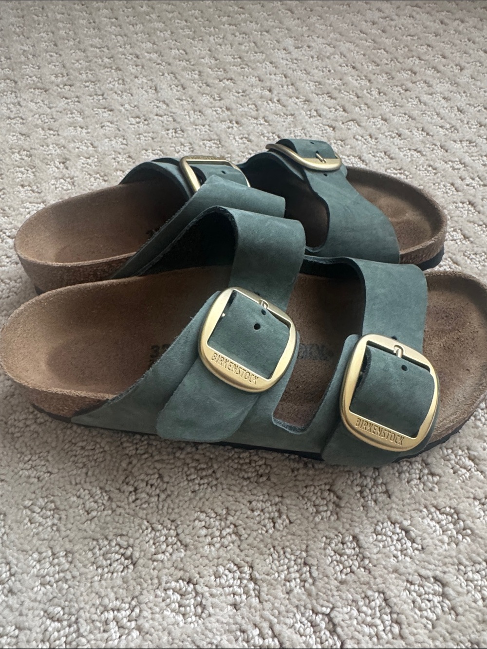 Birkenstock Arizona Suede Sandals with Gold Buckles -  Green - Picture 2 of 4